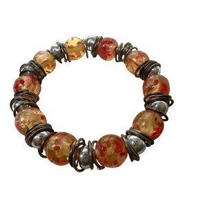Amber & Red Beaded Stretch Bracelet With Silver-Tone Coil Accents